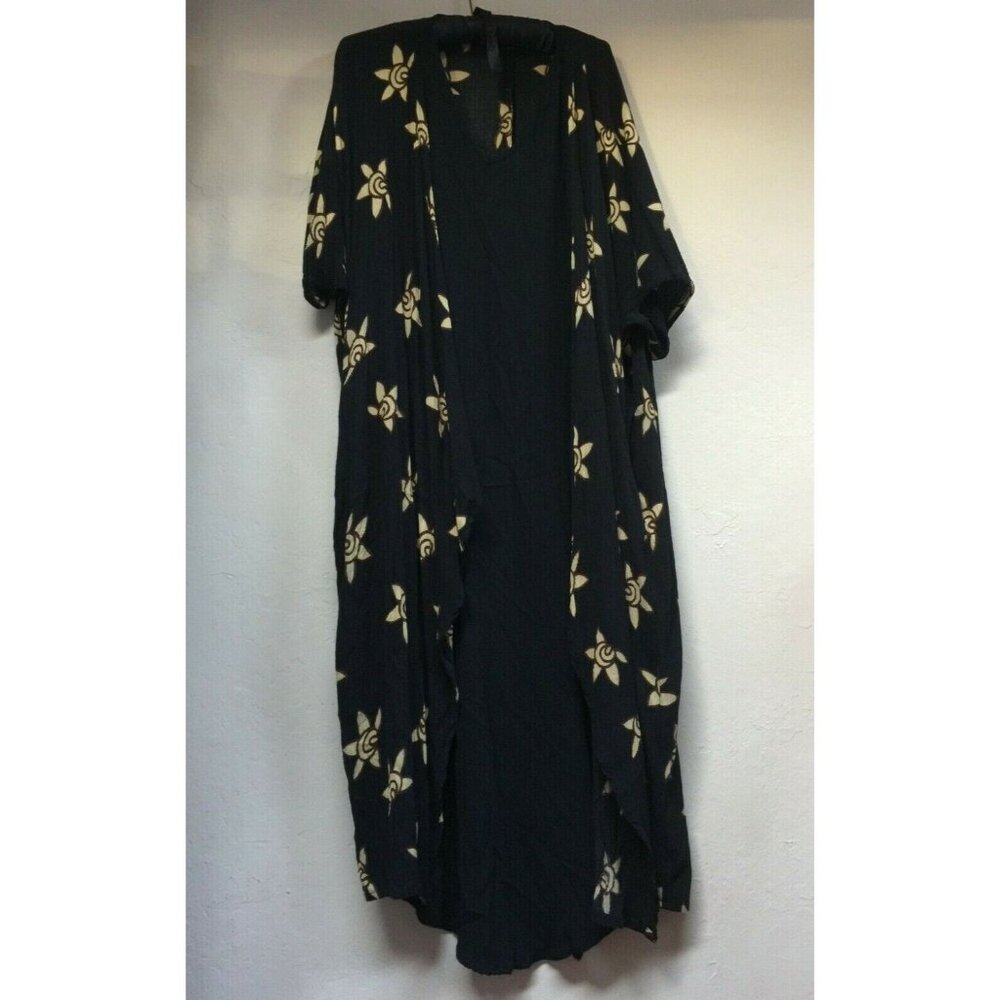 Exotica Womens V-Neck Open Front Twin Duet Cardigan Dress Black Yellow Printed